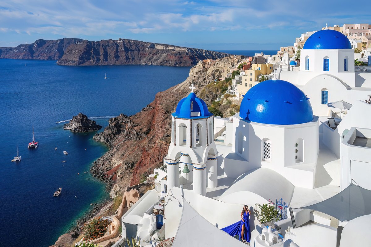 White-and-blue domes above the caldera in Oia, Santorini